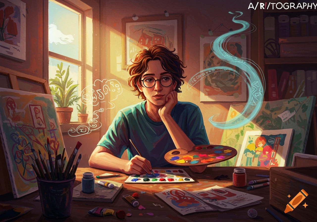 An artist with glasses sits at a desk, painting with watercolors, surrounded by art supplies and canvases in a sunlit studio.