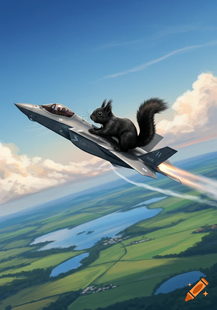 A black squirrel rides on a gray F-35 fighter jet flying over green fields and blue lakes under a blue sky.