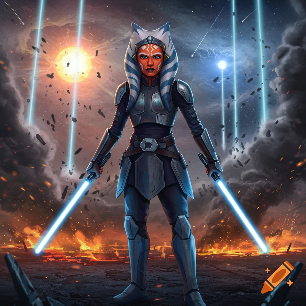 Ahsoka Tano in Imperial Knight armor holding two blue lightsabers on a fiery battlefield with falling debris.