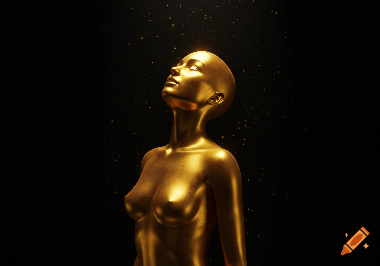 A glowing, golden metallic statue of a bare-chested goddess looking up against a dark background with sparkling golden particles.