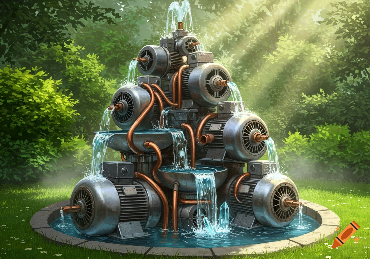 A fountain constructed from stacked industrial blower motors, with water cascading, stands in a lush green forest.