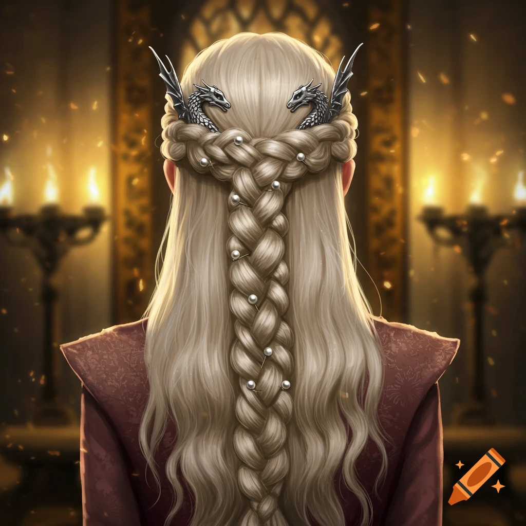 Back view of a woman with long blonde hair, intricately braided with pearls and silver dragon hairpins, in a warm, candlelit fantasy setting.