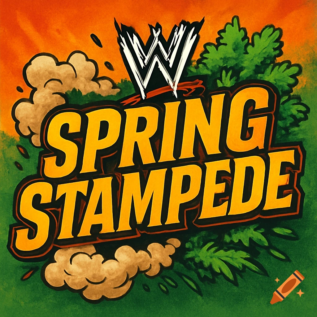 Stylized WWE Spring Stampede logo with yellow and orange text, set against an orange and green background with smoke and foliage.