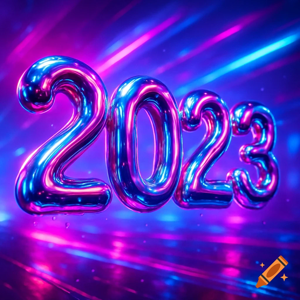 Shiny metallic '2023' numbers against a glowing neon purple and blue background.