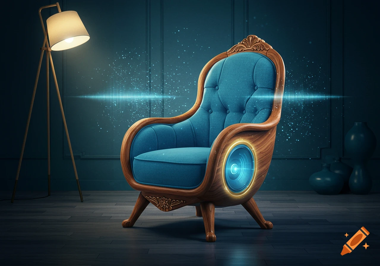 A vintage-style blue armchair with a glowing speaker on its side, emitting sound waves in a dimly lit room with a floor lamp.
