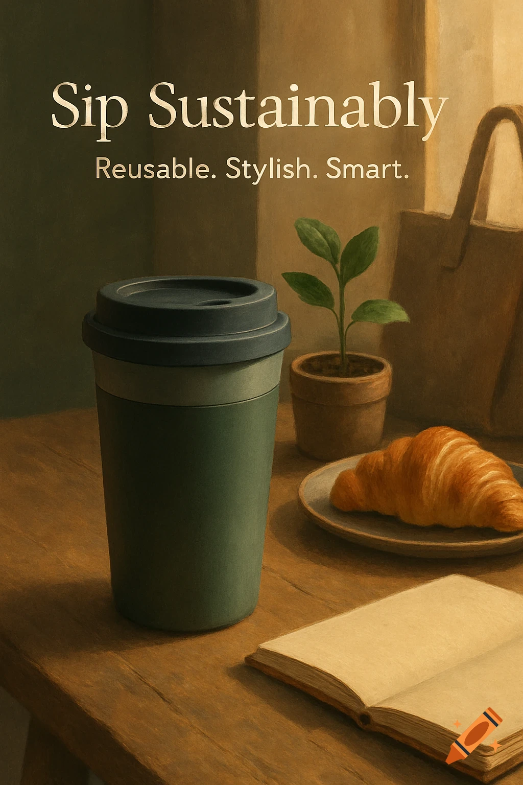 Painterly still life of a reusable coffee cup, croissant, plant, and open book on a rustic table with text 'Sip Sustainably'.