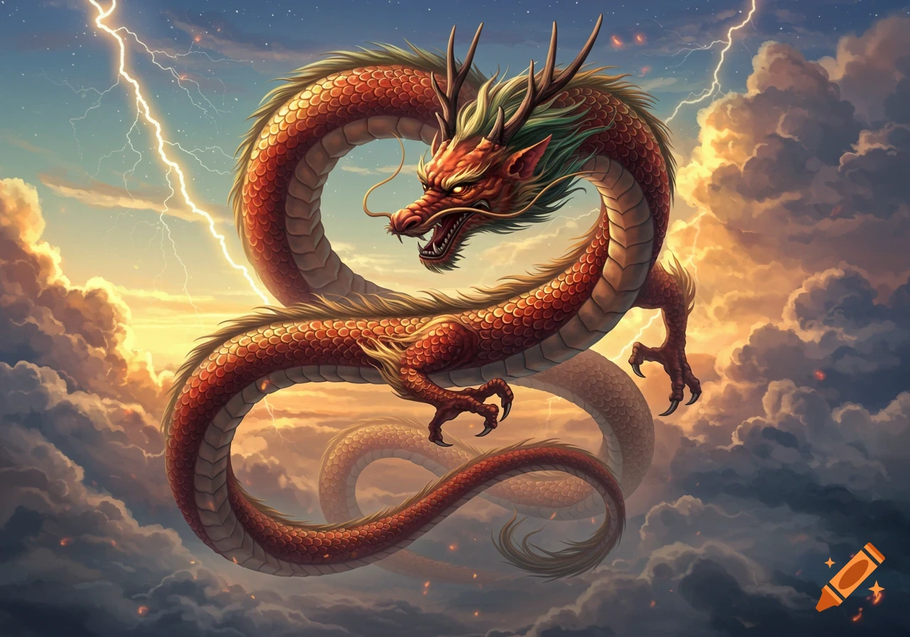 A vibrant red Chinese dragon with golden scales and green mane soars through a dramatic sky filled with orange and grey clouds and bright lightning.