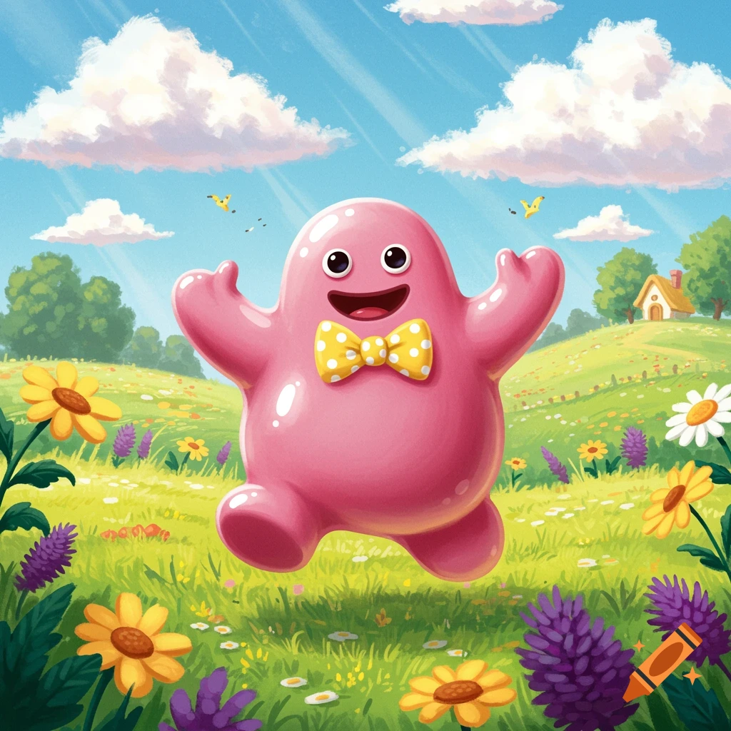 A happy pink blob character with a yellow bow tie skips through a vibrant green field filled with colorful flowers under a sunny blue sky.