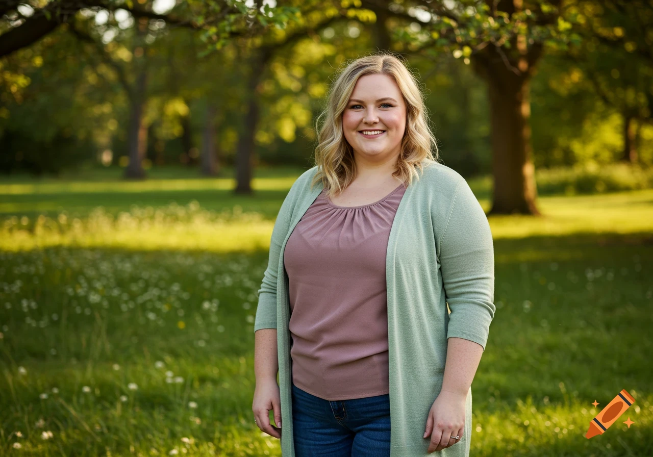 A smiling woman with blonde hair, wearing a pink top and green cardigan, stands in a sunny, grassy park with trees in the background.
