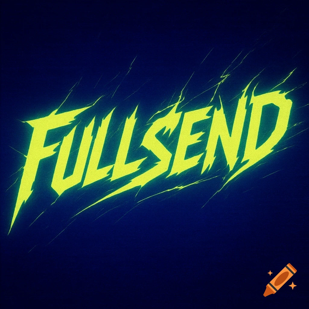 Neon yellowish-green 'FULLSEND' logo in a jagged, energetic font on a dark blue background with lightning effects.