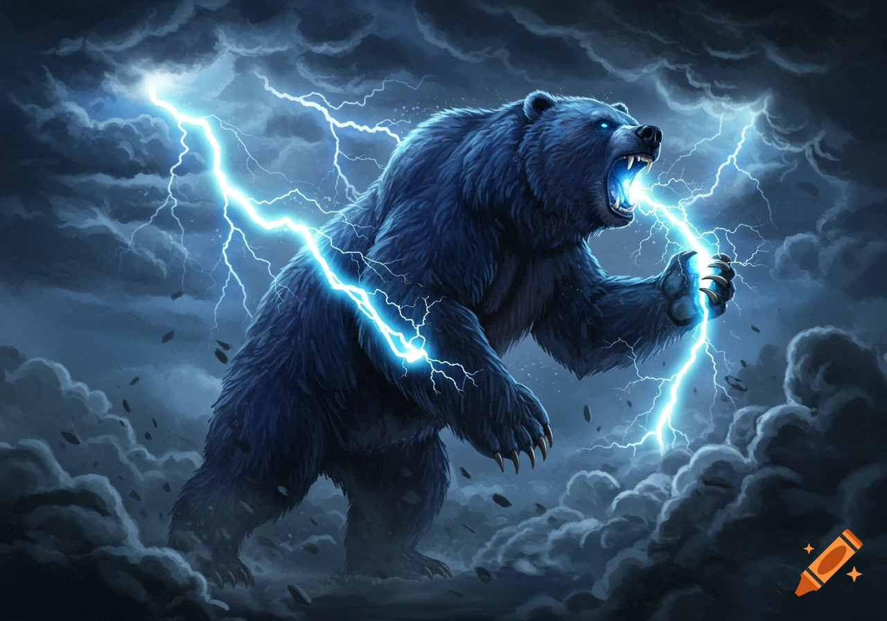 An angry blue bear with glowing eyes roaring as it holds and emits blue lightning amidst dark stormy clouds.