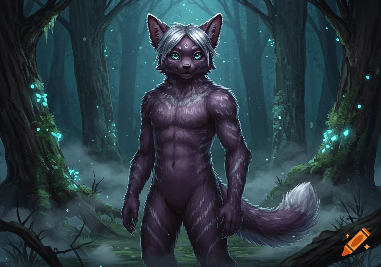 A purple furry creature with white hair and glowing green eyes stands in a dark, misty forest with glowing blue plants.