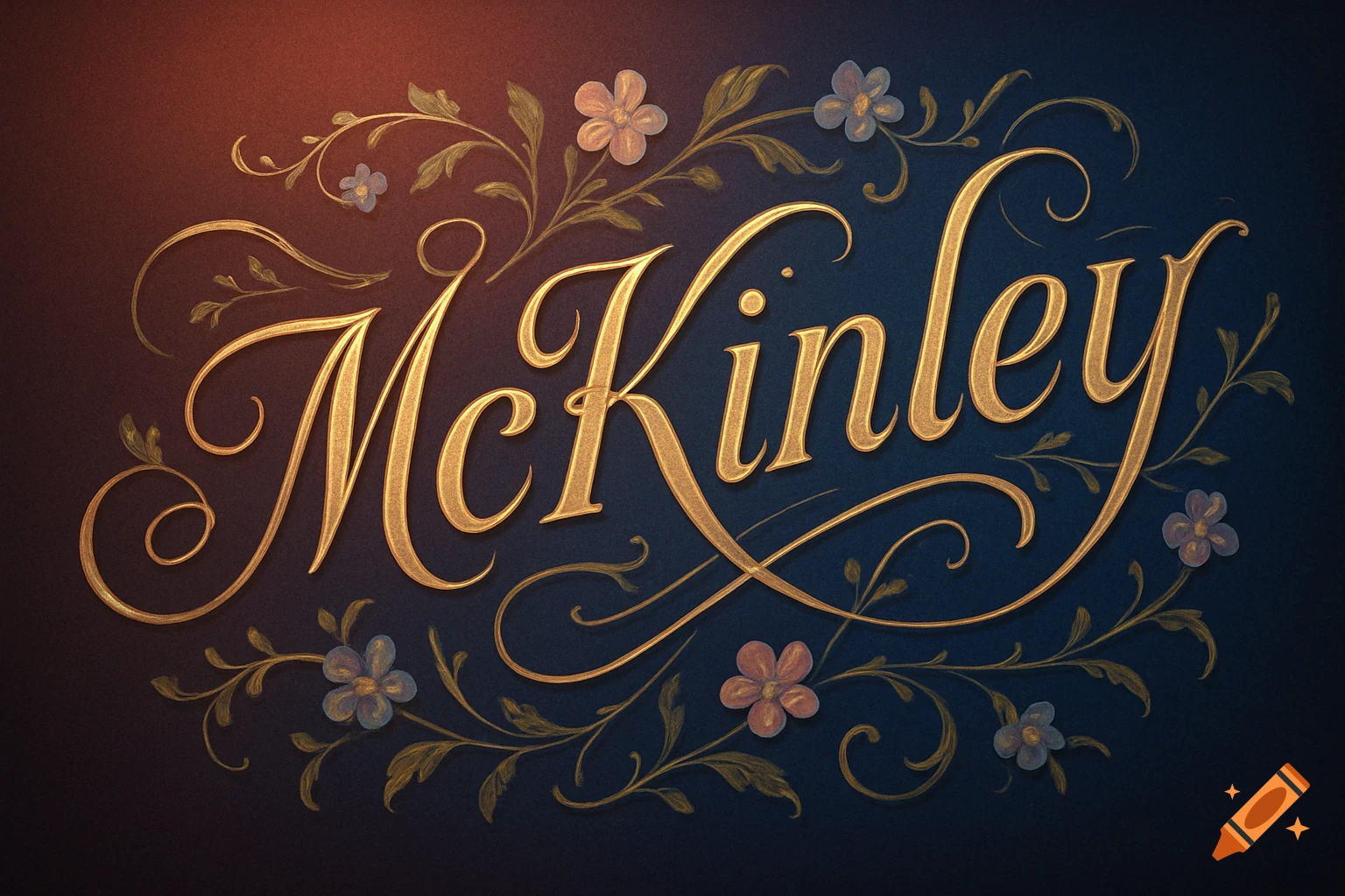 Gold script 'McKinley' with floral and vine ornamentation on a dark background.