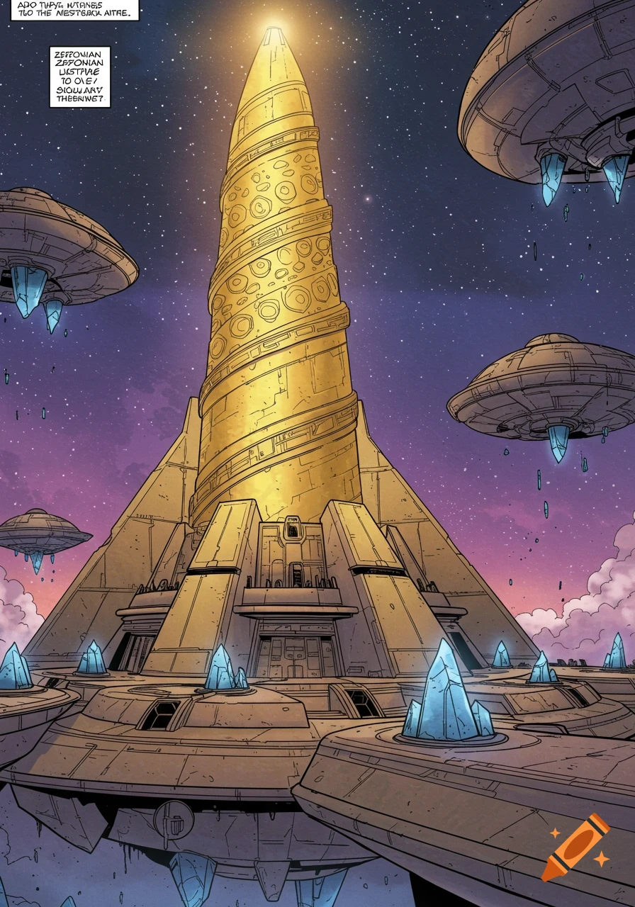 A golden, spiraling alien temple with a pyramid base glows under a starry sky, surrounded by hovering UFOs and blue crystals, in a Star Wars comic book style.