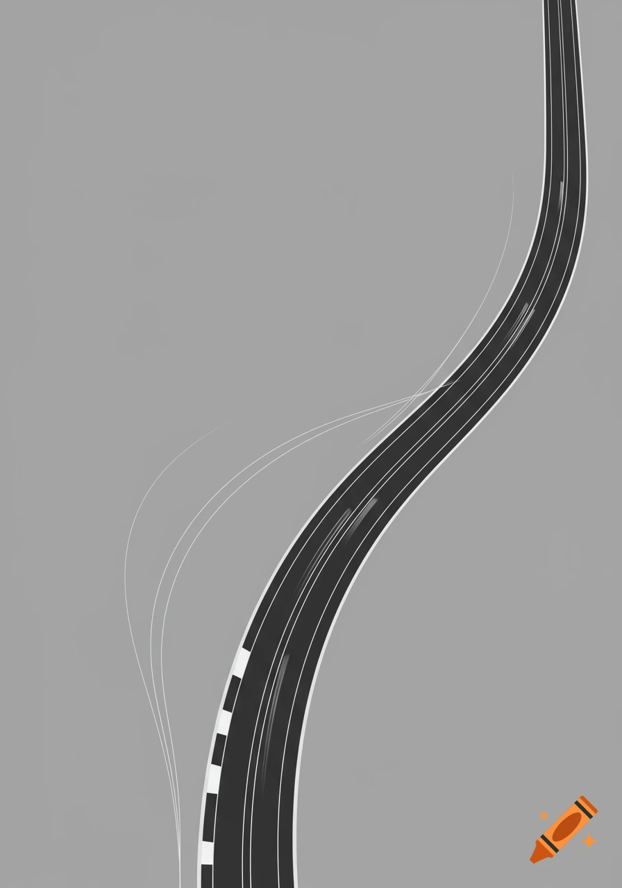 A bird's eye view of a minimalist racetrack with a slight curve on a gray background.