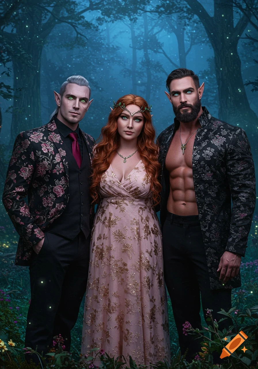 A fantasy portrait of three fae: a woman in a pink gown with two men in ornate jackets, standing in a magical, glowing forest.