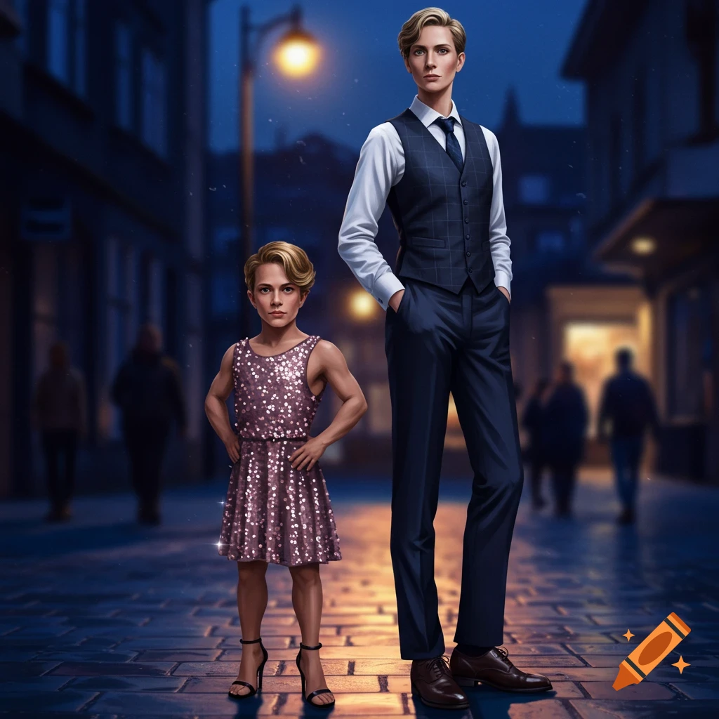 A very short young person in a sparkly dress and high heels stands next to a very tall person in a suit on a nighttime street.
