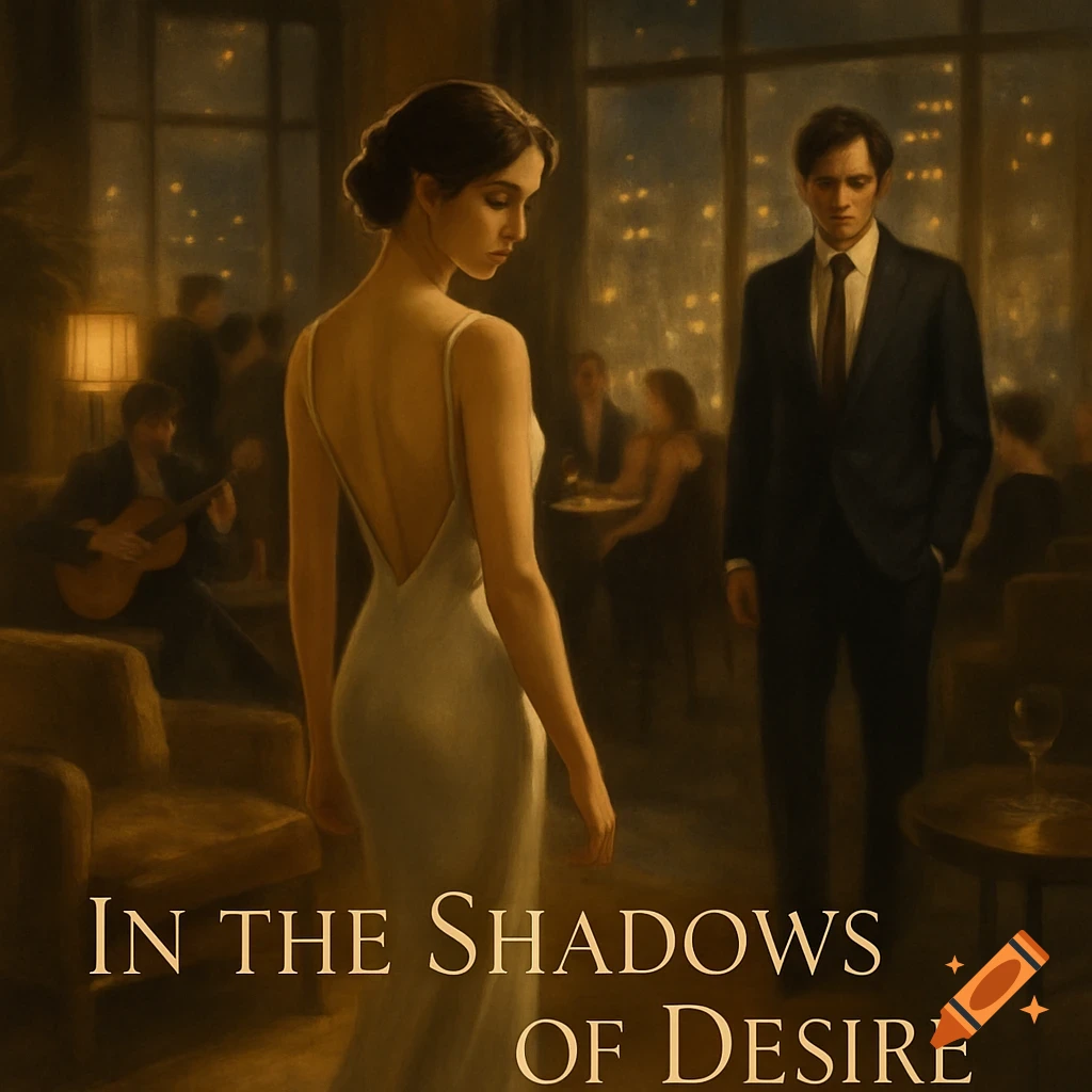 A woman in a white backless gown looks over her shoulder at a man in a suit in a dimly lit, luxurious lounge with city lights outside. Painted style.
