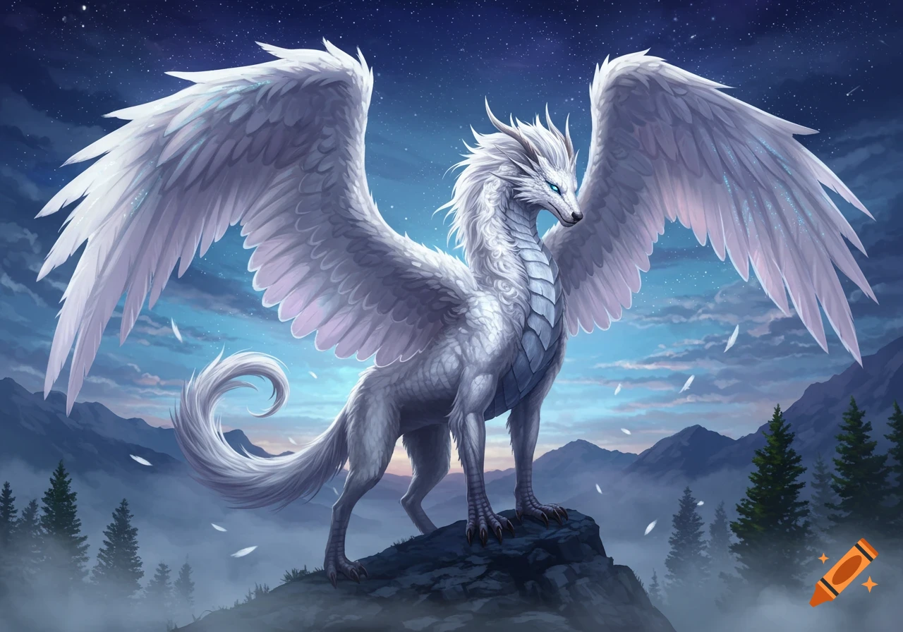 A majestic white dragon-wolf hybrid with large feathered wings stands on a rock under a starry night sky.
