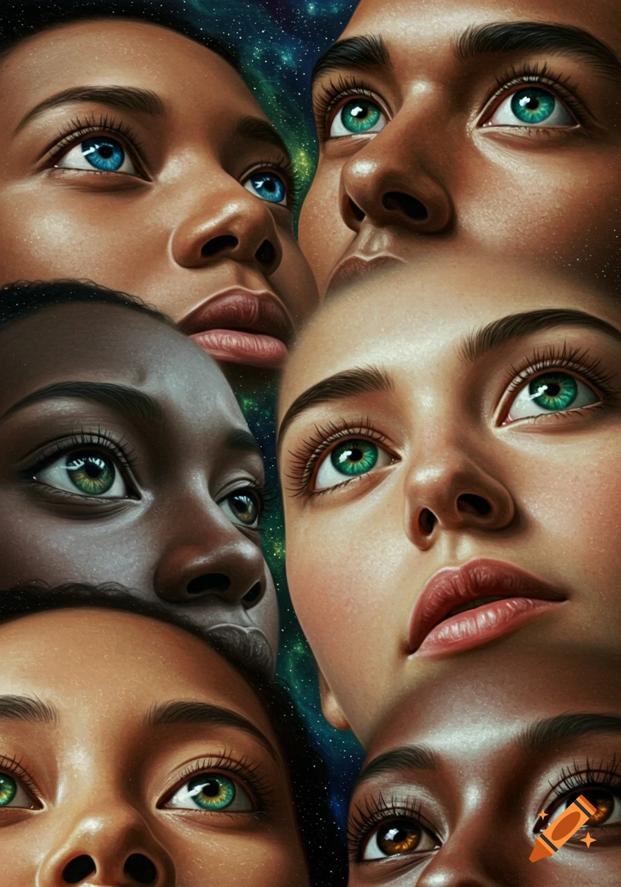 Close-up of multiple diverse faces looking upwards with various eye colors against a starry, cosmic background.
