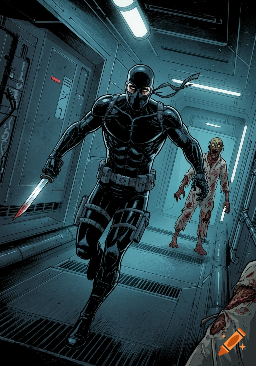 A ninja-like operative with a knife runs through a dark sci-fi hallway past a zombie in torn clothes, in a comic book style.