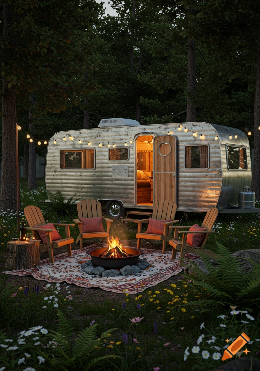 Photorealistic scene of a vintage camper trailer with a campfire and Adirondack chairs in a forest at dusk.