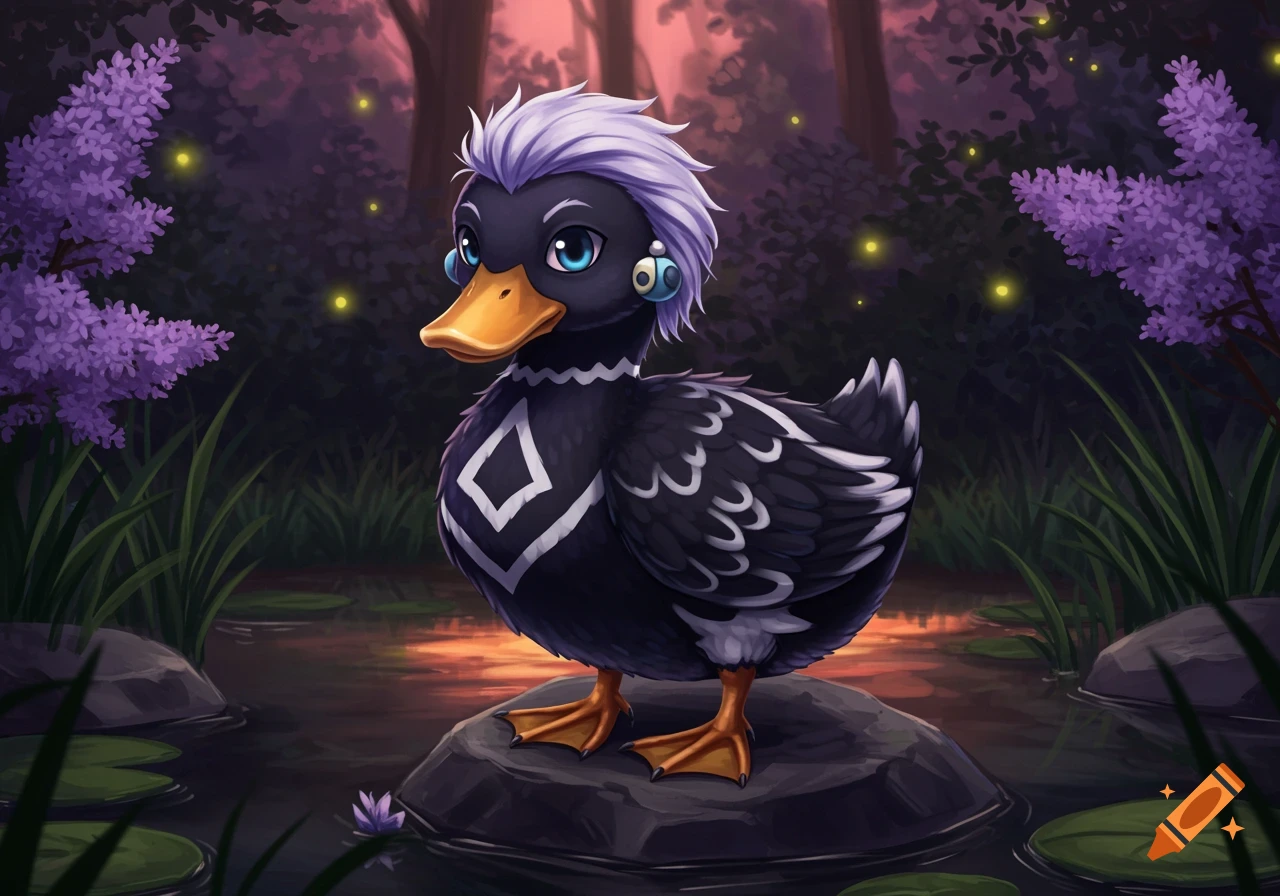 Stylized black duck with purple hair and ear piercings on a rock in a dark, magical forest with fireflies and purple flowers. Illustrated.