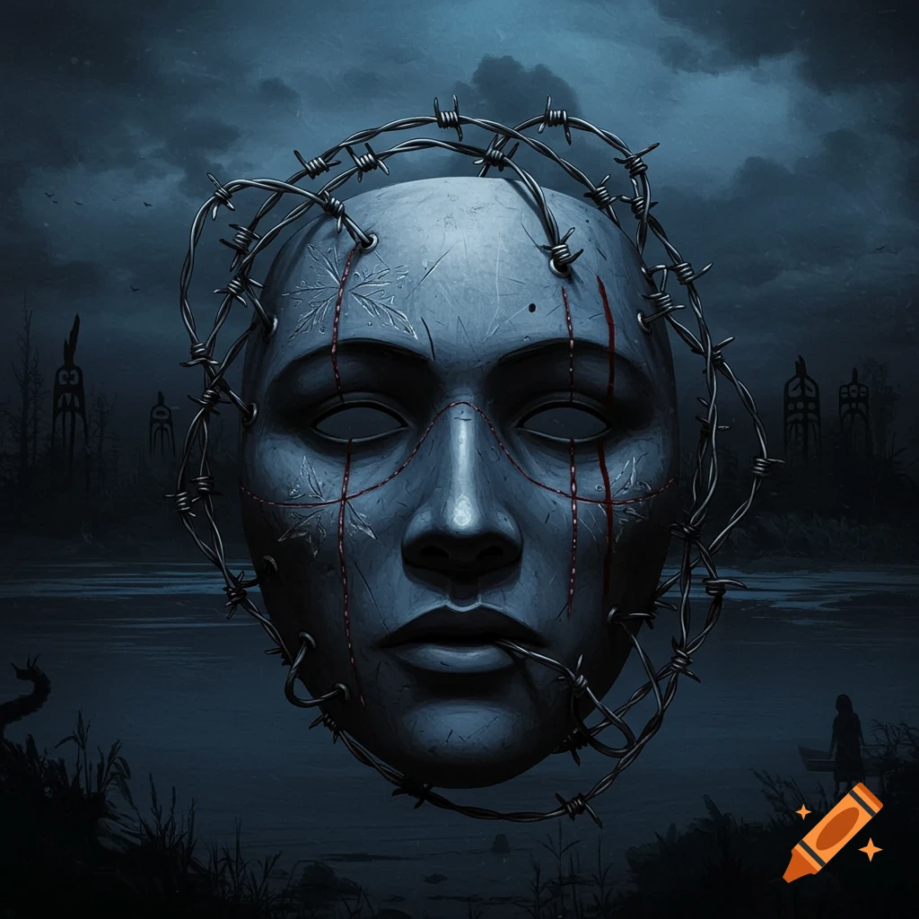 A surreal, dark art image of a featureless gray mask wrapped in barbed wire, with red lines like tears or blood. The background is a murky river and dark, desolate landscape with ominous structures under a stormy sky.
