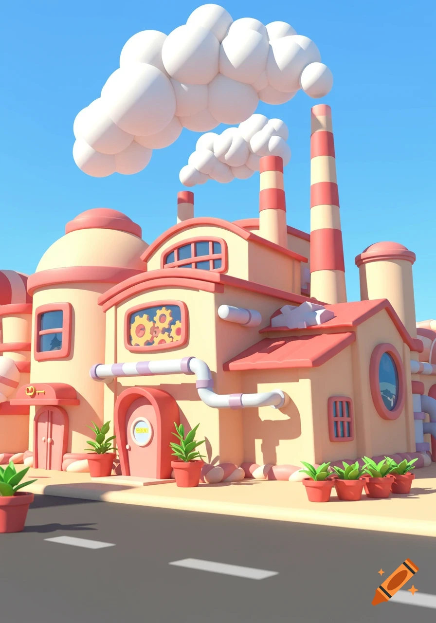 A colorful, stylized 3D cartoon factory with tall chimneys emitting puffy white smoke, set against a bright blue sky.
