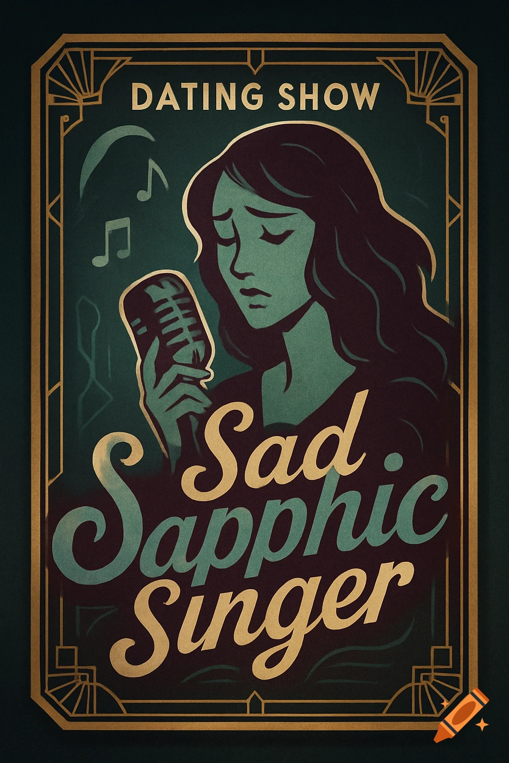 Vintage art deco poster for 'Dating Show: Sad Sapphic Singer' featuring a melancholic woman singing into a microphone.