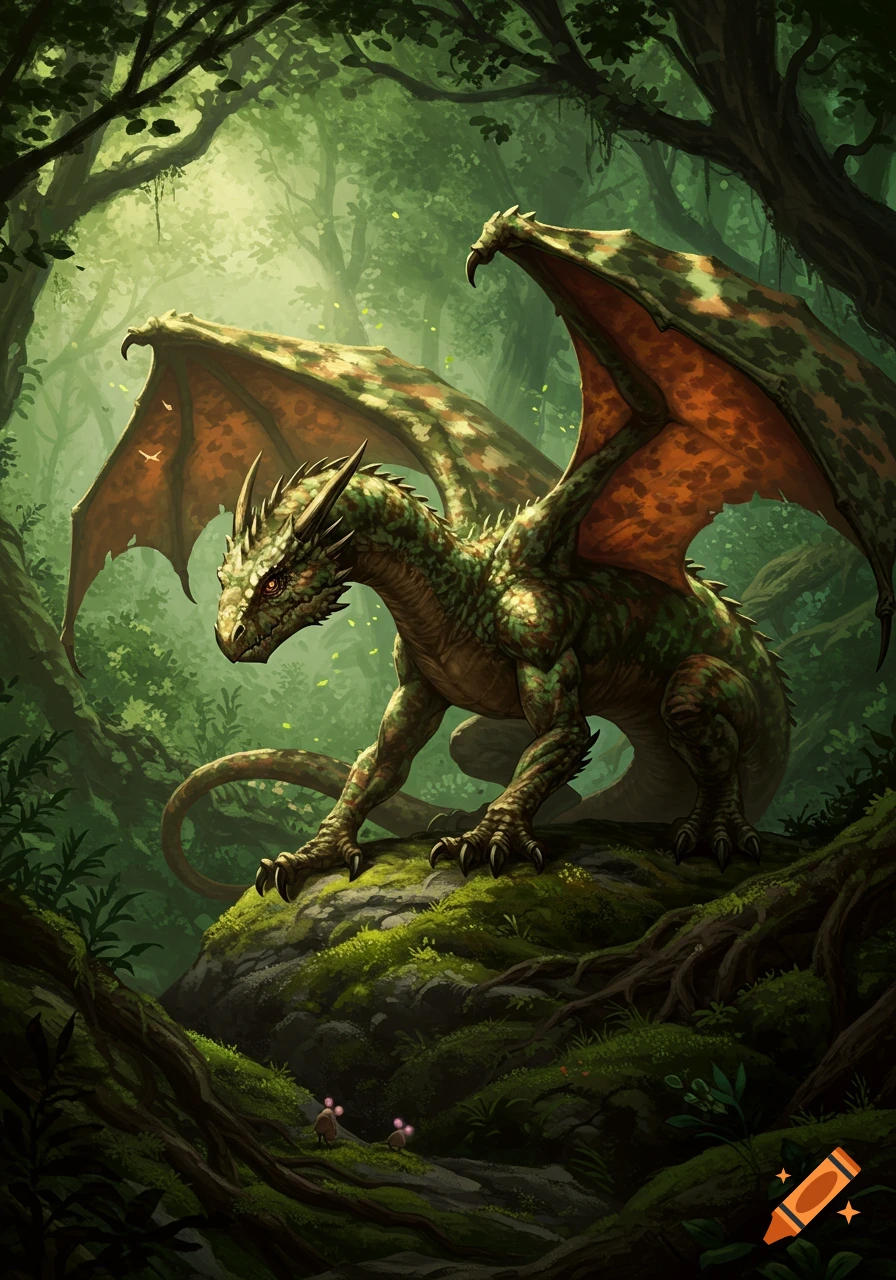 A green, camouflaged dragon stands on a mossy rock in a lush, vibrant forest.