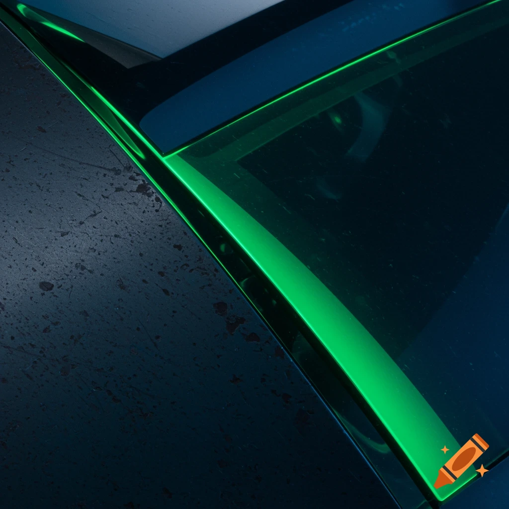 Close-up of abstract industrial textures in cool blue and gray, highlighted by a bright, glowing acid green line.