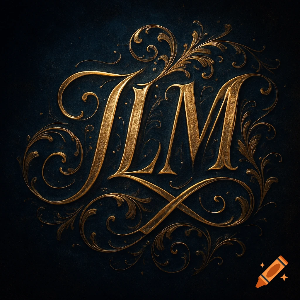 Ornate gold letters JLM in a fancy script style with decorative flourishes against a dark background.