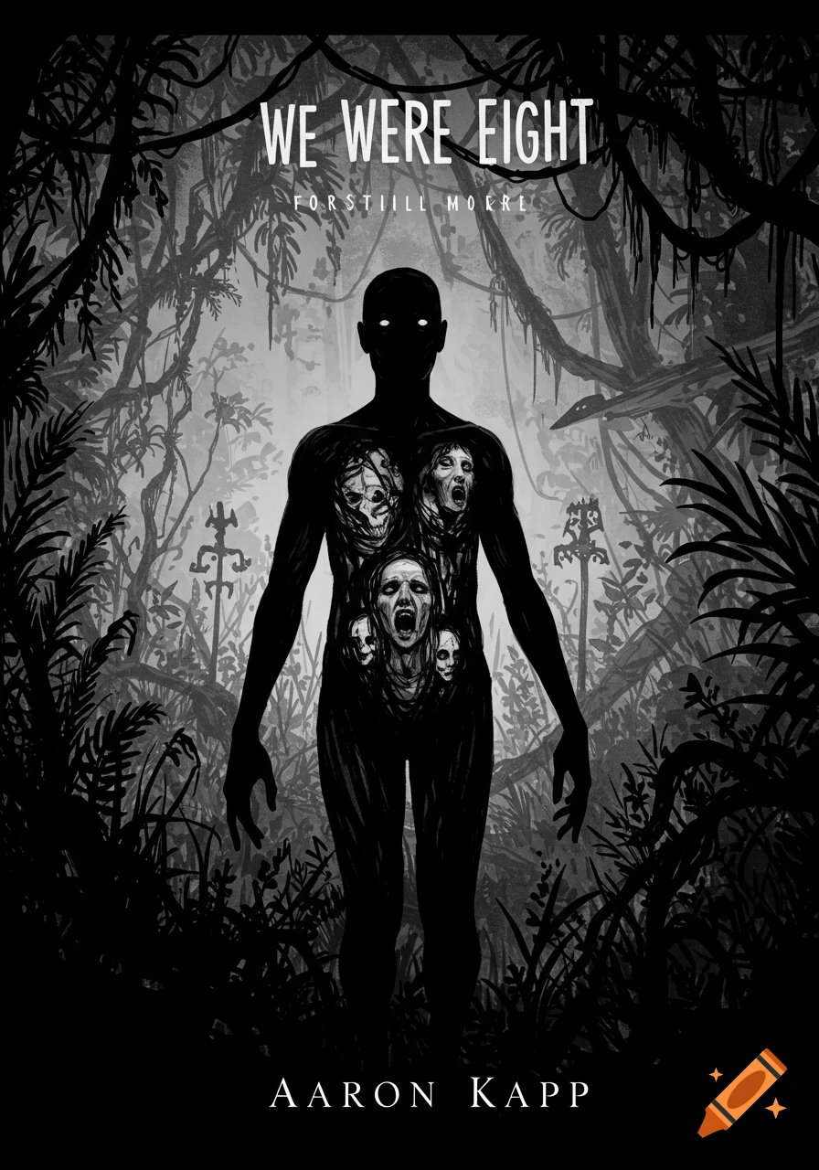 A black and white horror graphic novella cover features a shadowy figure in a jungle, with screaming faces and skulls emerging from its body. Text reads 'WE WERE EIGHT' and 'AARON KAPP'.