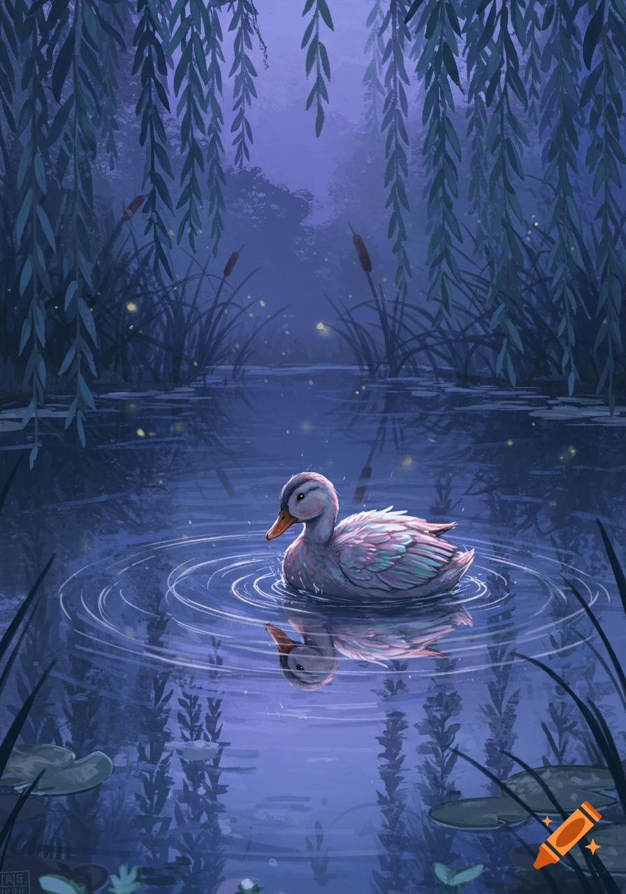 A stylized duck with iridescent feathers floats on a serene, dark pond surrounded by willow trees and glowing fireflies.