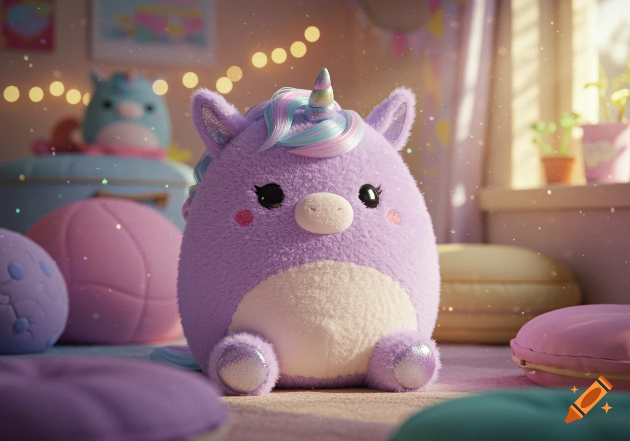 A photorealistic image of a fluffy purple unicorn plush toy with a rainbow horn and sparkly ears, sitting on a carpet in a softly lit room.
