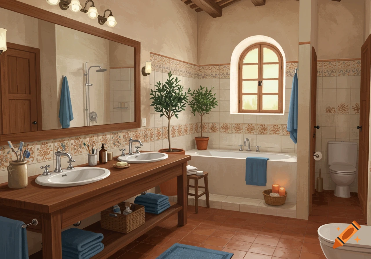 A well-lit, Tuscan-style bathroom with two sinks, a large mirror, a bathtub, and a separate toilet area. Blue towels and potted plants add to the decor.