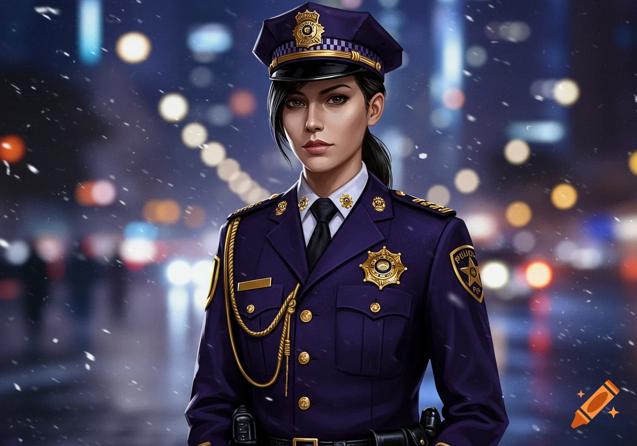 A digital painting of a female police officer in a purple uniform standing in the snow at night with city lights in the background.