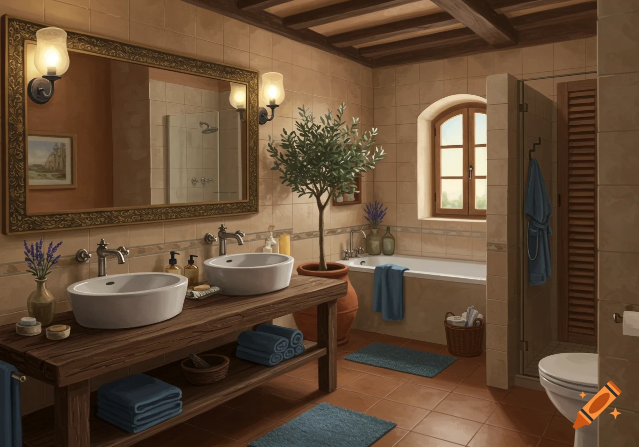 A serene Tuscan-style master bathroom illustration with a wooden double vanity, large mirror, olive tree, bathtub, and slate blue towels.