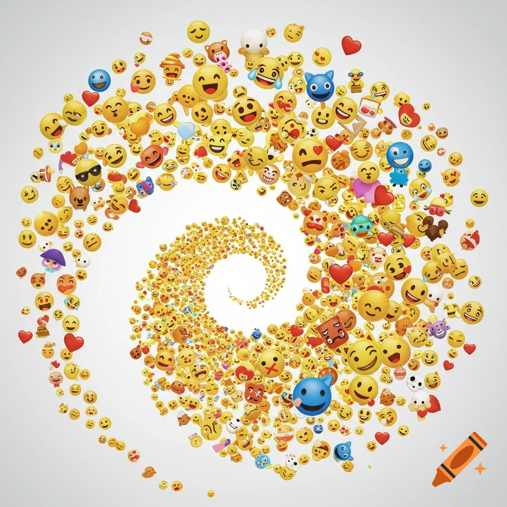 A dense spiral of assorted yellow emojis and hearts on a white background.