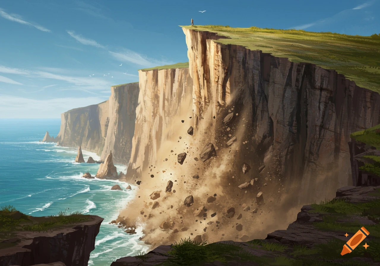 A digital painting of towering sea cliffs, with a landslide occurring on the main cliff face, sending rocks into the blue ocean below.