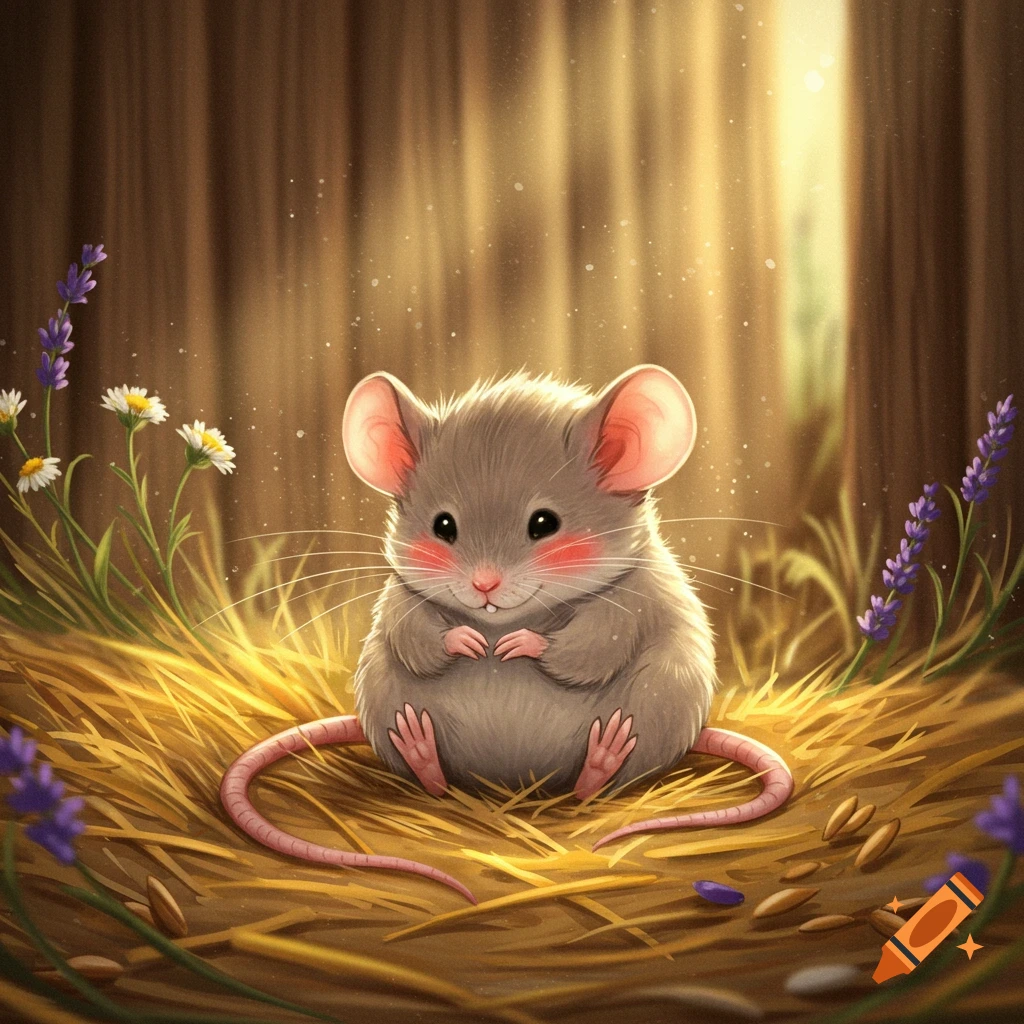 A cute, blushing cartoon mouse sits on a bed of hay with lavender and daisies, illuminated by golden light in a forest.