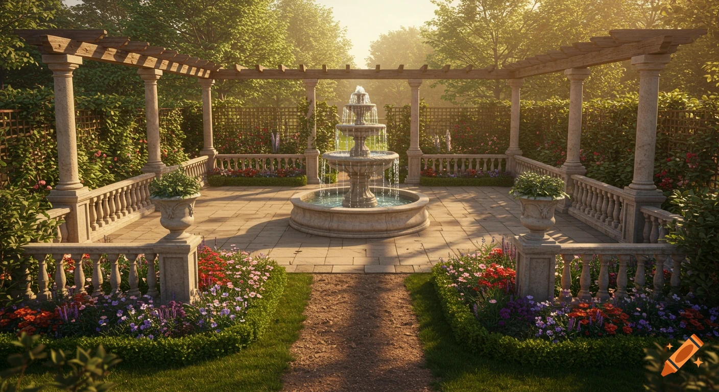 A sunlit Italian-style garden patio featuring a tiered stone fountain, surrounded by ornate balustrades, pillars, and lush English cottage planting.