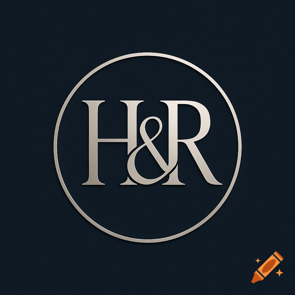 Silver H&R monogram logo with an ampersand inside a circular outline on a dark blue background.