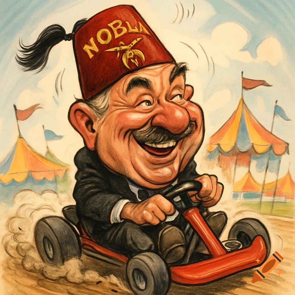 Caricature of a smiling man in a fez driving a red go-kart with dirt flying, circus tents in background.