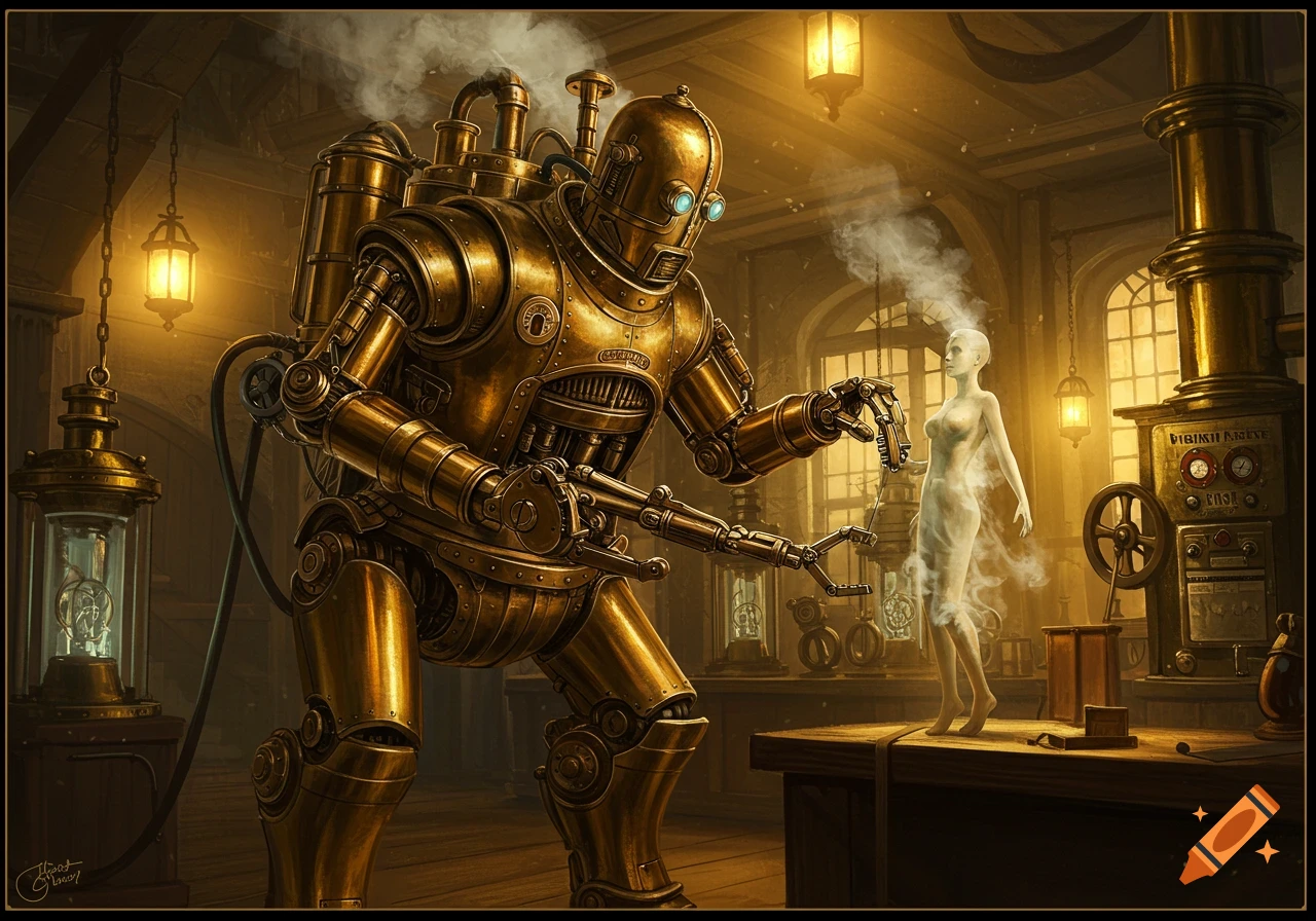 A large, detailed brass steampunk robot stands in a dim, industrial workshop, extending a mechanical arm towards a translucent, glowing, and ethereal female figure that appears to be forming from steam.