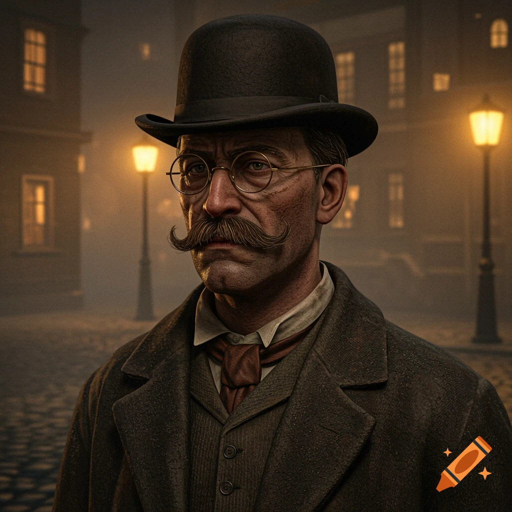 A photorealistic portrait of an Edwardian gentleman with a large mustache and glasses, wearing a bowler hat and tattered clothes, standing on a foggy street lit by gas lamps.