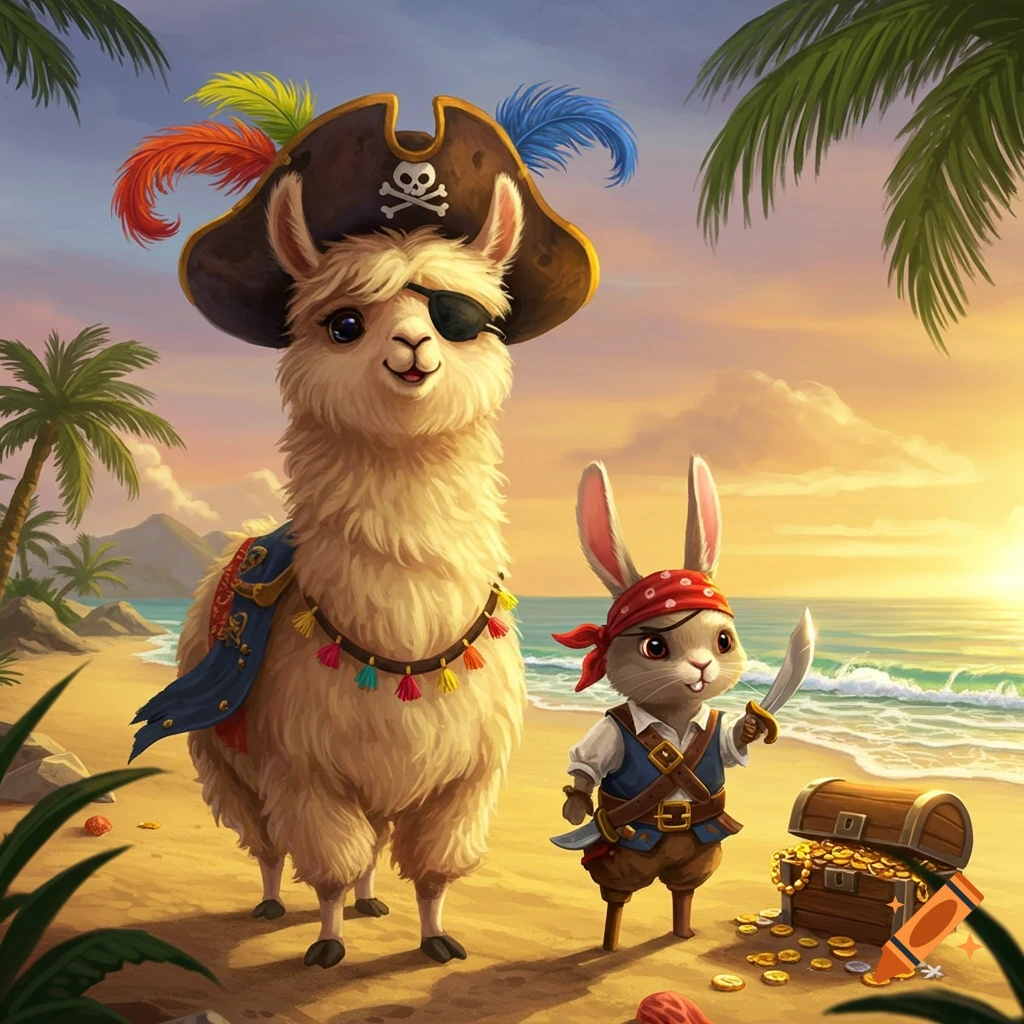 A cute llama and a rabbit dressed as pirates stand on a sunset beach next to an open treasure chest filled with gold.