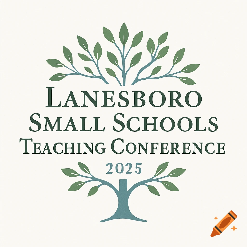 A logo featuring a stylized green tree with branches and leaves, and a blue-green tree trunk. The text reads: Lanesboro Small Schools Teaching Conference 2025.