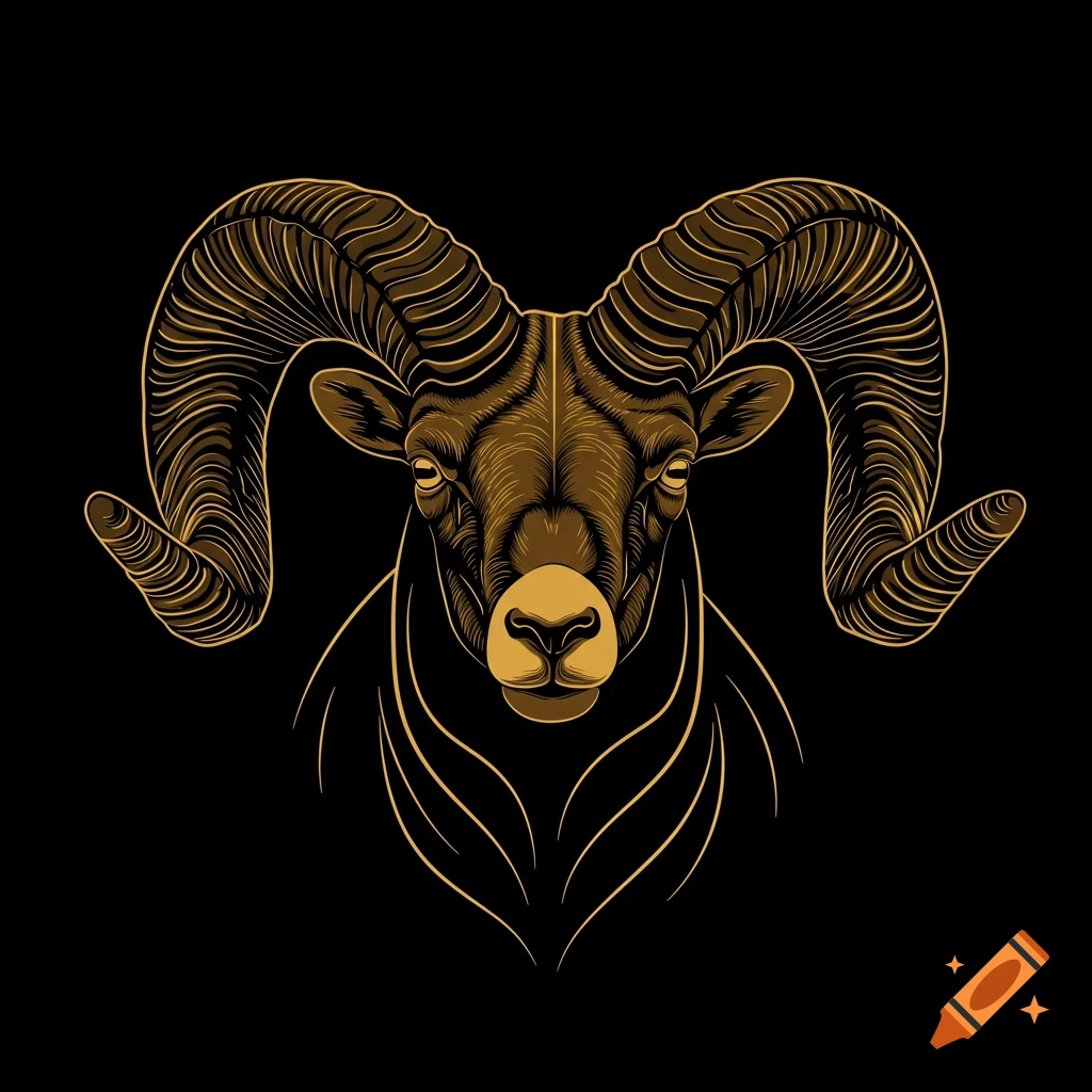 Stylized illustration of a bighorn sheep head with large, golden-outlined horns on a black background.